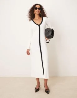 Pretty Lavish Contrast Seam Knit Midaxi Dress In Cream And Black For Women Cream & Black