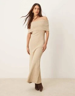 Pretty Lavish Bardot Knit Midaxi Dress In Stone For Women -Pretty Lavi Clothing Shop 207630514 1 stone 1