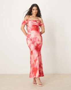 Pretty Lavish Asymmetric Cold Shoulder Slip Maxi Dress In Pink And Red Floral For Women Pink & Red Floral