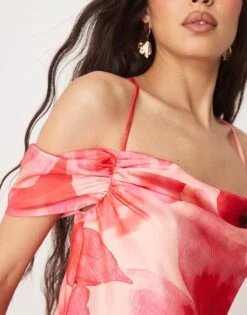 Pretty Lavish Asymmetric Cold Shoulder Slip Maxi Dress In Pink And Red Floral For Women Pink & Red Floral -Pretty Lavi Clothing Shop 207630541 3