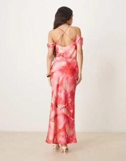 Pretty Lavish Asymmetric Cold Shoulder Slip Maxi Dress In Pink And Red Floral For Women Pink & Red Floral -Pretty Lavi Clothing Shop 207630541 4