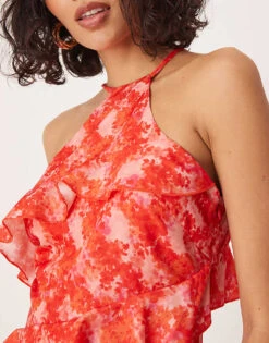 Pretty Lavish Halter Ruffle Midaxi Dress In Pink Abstract Floral For Women Pink Multi Floral -Pretty Lavi Clothing Shop 207666758 3