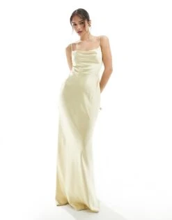 Pretty Lavish Bridesmaid Keisha Cowl Neck Satin Maxi Dress In Lemon For Women