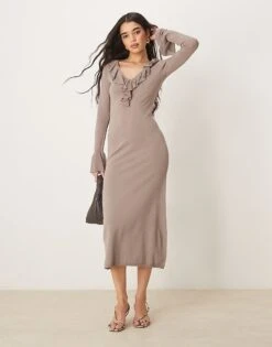 Pretty Lavish Ruffle Front Knit Midaxi Dress In Stone For Women -Pretty Lavi Clothing Shop 207666761 1 stone 1