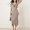 Pretty Lavish Ruffle Front Knit Midaxi Dress In Stone For Women -Pretty Lavi Clothing Shop 207666761 1 stone