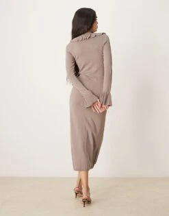 Pretty Lavish Ruffle Front Knit Midaxi Dress In Stone For Women -Pretty Lavi Clothing Shop 207666761 3