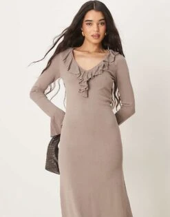 Pretty Lavish Ruffle Front Knit Midaxi Dress In Stone For Women -Pretty Lavi Clothing Shop 207666761 4