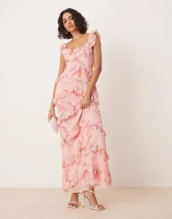 Pretty Lavish Scoop Neck Ruffle Maxi Dress In Pink And Brown Marble For Women Pink/brown -Pretty Lavi Clothing Shop 207666762 2
