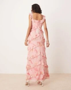 Pretty Lavish Scoop Neck Ruffle Maxi Dress In Pink And Brown Marble For Women Pink/brown -Pretty Lavi Clothing Shop 207666762 3