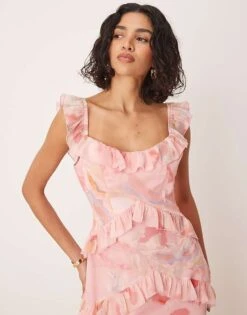 Pretty Lavish Scoop Neck Ruffle Maxi Dress In Pink And Brown Marble For Women Pink/brown -Pretty Lavi Clothing Shop 207666762 4