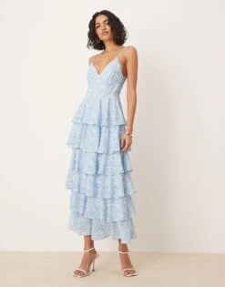 Pretty Lavish Ruffle Midaxi Dress In Blue Abstract Print For Women Blue Print -Pretty Lavi Clothing Shop 207666819 1 blueprint 1