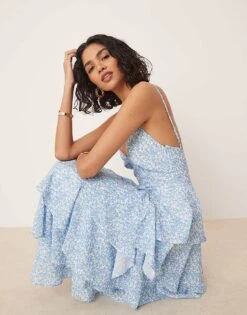 Pretty Lavish Ruffle Midaxi Dress In Blue Abstract Print For Women Blue Print -Pretty Lavi Clothing Shop 207666819 3