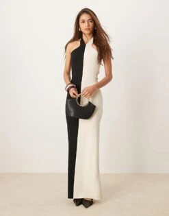 Pretty Lavish Contrast Knit Maxi Dress In Black And Cream For Women Black/cream