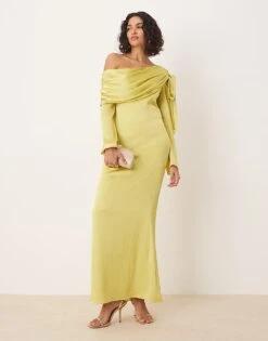 Pretty Lavish Asymmetric Bow Chiffon Maxi Dress In Chartreuse For Women Charteuse