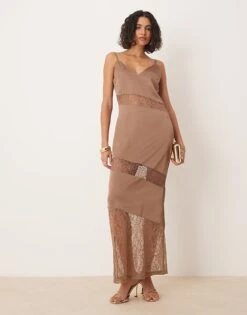 Pretty Lavish Lace Insert Slip Maxi Dress In Mocha For Women -Pretty Lavi Clothing Shop 207666823 3