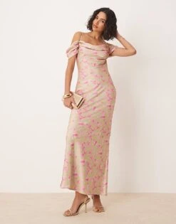 Pretty Lavish Asymmetric Cowl Slip Maxi Dress In Olive And Fuchsia Floral For Women Olive/fuchsia -Pretty Lavi Clothing Shop 207666889 1 olivefuchsia 1