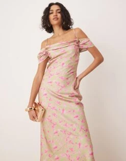 Pretty Lavish Asymmetric Cowl Slip Maxi Dress In Olive And Fuchsia Floral For Women Olive/fuchsia -Pretty Lavi Clothing Shop 207666889 4