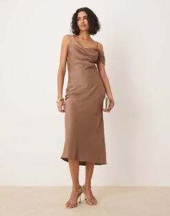 Pretty Lavish Asymmetric Cowl Satin Midaxi Slip Dress In Mocha For Women