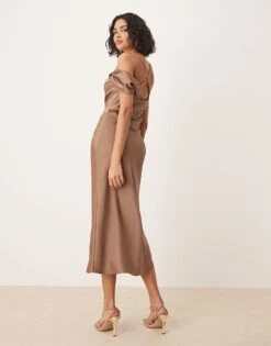 Pretty Lavish Asymmetric Cowl Satin Midaxi Slip Dress In Mocha For Women -Pretty Lavi Clothing Shop 207666920 3