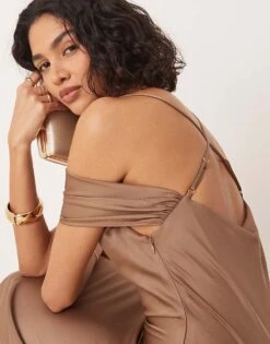 Pretty Lavish Asymmetric Cowl Satin Midaxi Slip Dress In Mocha For Women -Pretty Lavi Clothing Shop 207666920 4