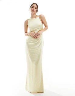 Pretty Lavish Bridesmaid Satin Boat Neck Maxi Dress In Lemon For Women -Pretty Lavi Clothing Shop 207666949 1 lemon 1