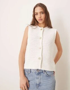 Pretty Lavish Crochet Knit Waistcoat In Cream For Women -Pretty Lavi Clothing Shop 207666973 1 cream 1