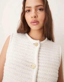 Pretty Lavish Crochet Knit Waistcoat In Cream For Women -Pretty Lavi Clothing Shop 207666973 3