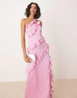 Pretty Lavish One Shoulder Asymmetric Ruffle Maxi Dress In Pink For Women -Pretty Lavi Clothing Shop 207666974 1 pink 1