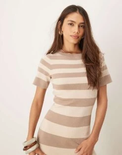 Pretty Lavish Short Sleeve Knit Midaxi Dress In Stone And Beige For Women Stone/beige -Pretty Lavi Clothing Shop 207666996 4