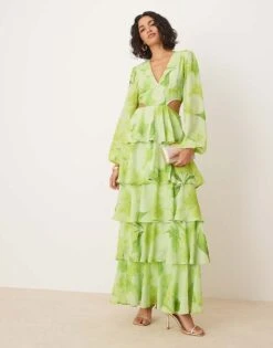 Pretty Lavish Cut Out Tiered Ruffle Maxi Dress In Lime Floral Print For Women -Pretty Lavi Clothing Shop 207695374 1 limefloralprint 1