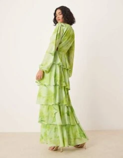Pretty Lavish Cut Out Tiered Ruffle Maxi Dress In Lime Floral Print For Women -Pretty Lavi Clothing Shop 207695374 4