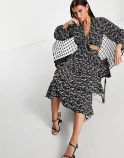 Pretty Lavish Cecile Tie Front Blouse Co-ord In Abstract Print For Women Black/white -Pretty Lavi Clothing Shop 23224322 4